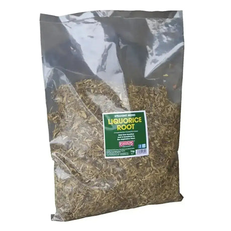 A clear plastic bag of light brown dried herbs liquorice root from equimins straight herbs liquorice product