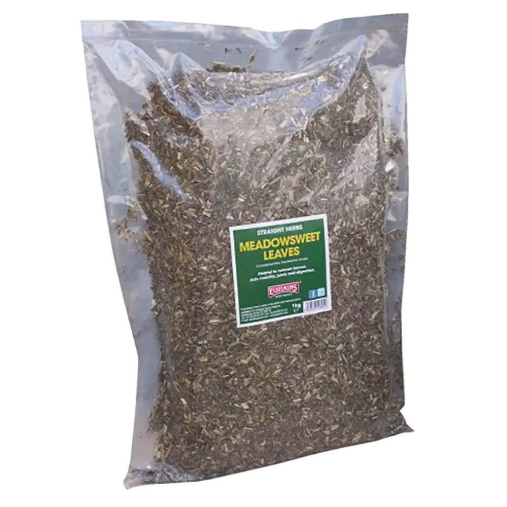 A clear plastic bag filled with dried greenish brown herbs meadowsweet leaves from equimins straight herbs