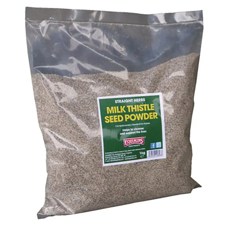 A 1kg bag of equimins straight herbs milk thistle seed powder in clear plastic packaging with a green and white label