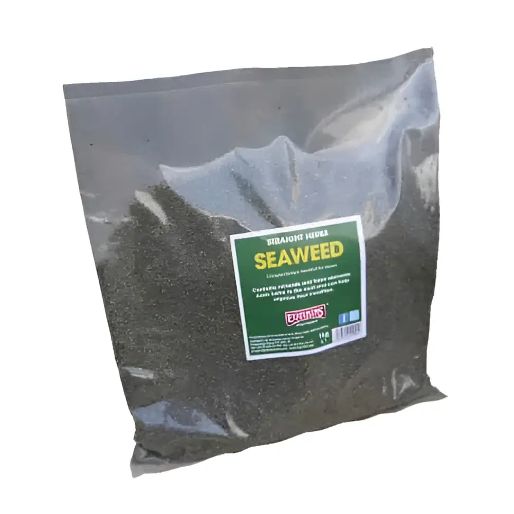 A clear plastic bag filled with dark green dried seaweed from equimins straight herbs straight herbs seaweed product