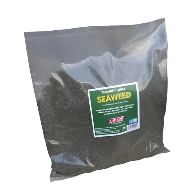 A clear plastic bag filled with dark green dried seaweed from equimins straight herbs straight herbs seaweed product