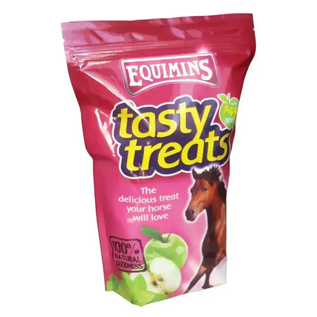 A vibrant pink resealable pouch of equimins tasty treats with bold yellow letters featuring a horse and green apples large size pellet