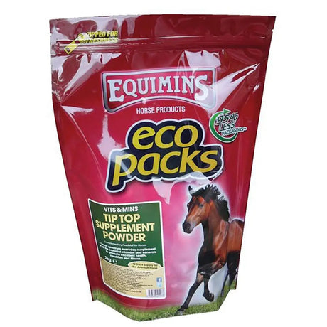 Red resealable pouch of equimins tip top supplement powder providing essential minerals for horse supplements
