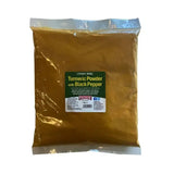 A 1kg clear pouch of equimins turmeric for horses showing vibrant golden turmeric powder with black pepper for natural anti-inflammatory equine joint supplements