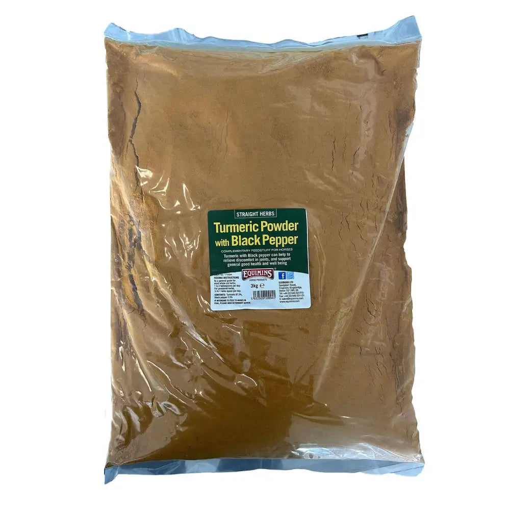 A 3kg bag of equimins turmeric with black pepper in a clear pouch with blue edges and green label for natural anti-inflammatory equine joint supplements