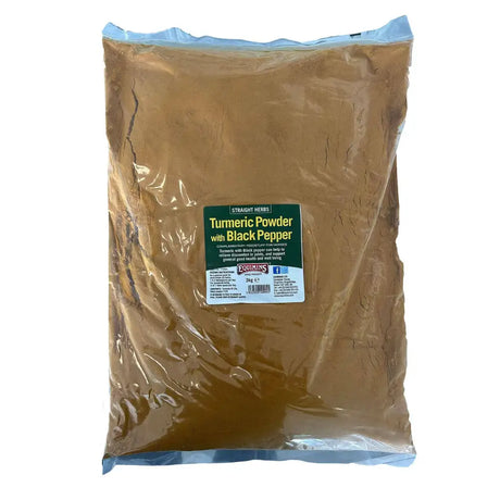 A 3kg bag of equimins turmeric with black pepper in a clear pouch with blue edges and green label for natural anti-inflammatory equine joint supplements