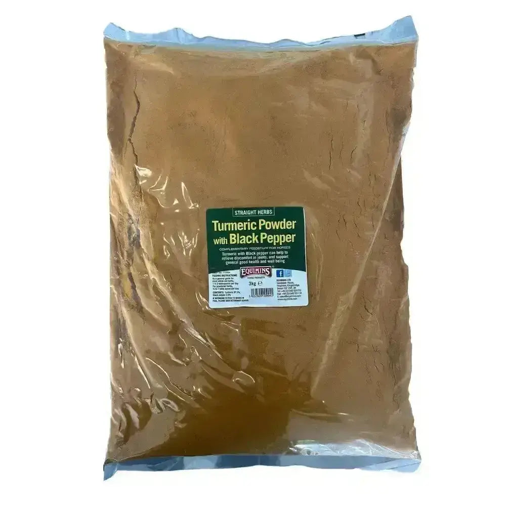 A 3kg clear pouch of equimins turmeric for horses with natural anti-inflammatory turmeric powder and black pepper for equine joint supplements