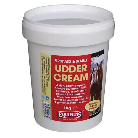 White plastic tub of equimins udder cream 1kg with tea tree oil aloe vera and horse images on red yellow label