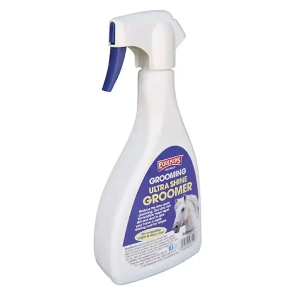 White plastic spray bottle with blue trigger labeled equimins ultra shine groomer for a gleaming coat on horses