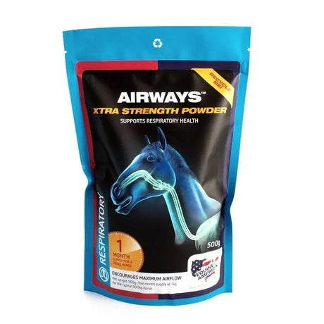 Blue and black resealable pouch of equine america airways xtra strength powder with essential oils for horses