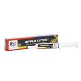 White plastic syringe tube of equine america apple lytes paste with black orange label providing key electrolytes for horses