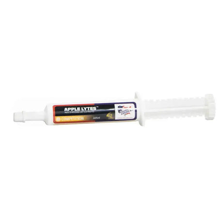 White plastic syringe tube of equine america apple lytes paste with key electrolytes in 25ml for horses