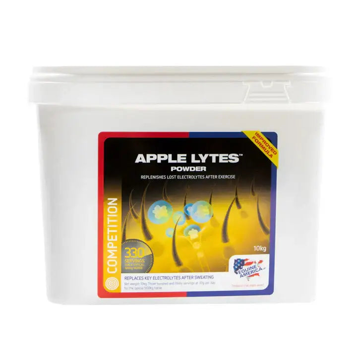 White plastic container of equine america apple lytes apple lytes powder for lost electrolytes in horses 10kg