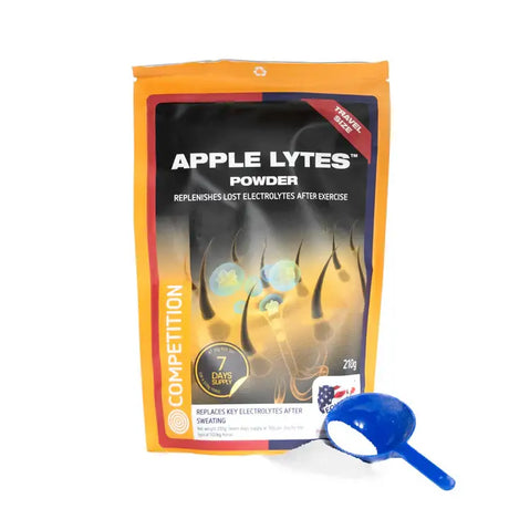 Orange and black pouch of equine america apple lytes apple lytes powder with blue scoop for lost electrolytes recovery