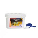 White plastic container of equine america apple lytes powder with blue scoop for lost electrolytes in horses