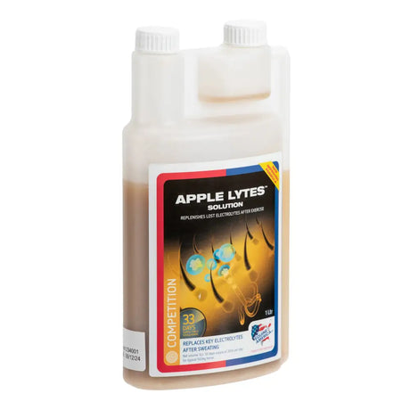 White plastic bottle with white cap containing brown equine america apple lytes solution for electrolyte replenishment