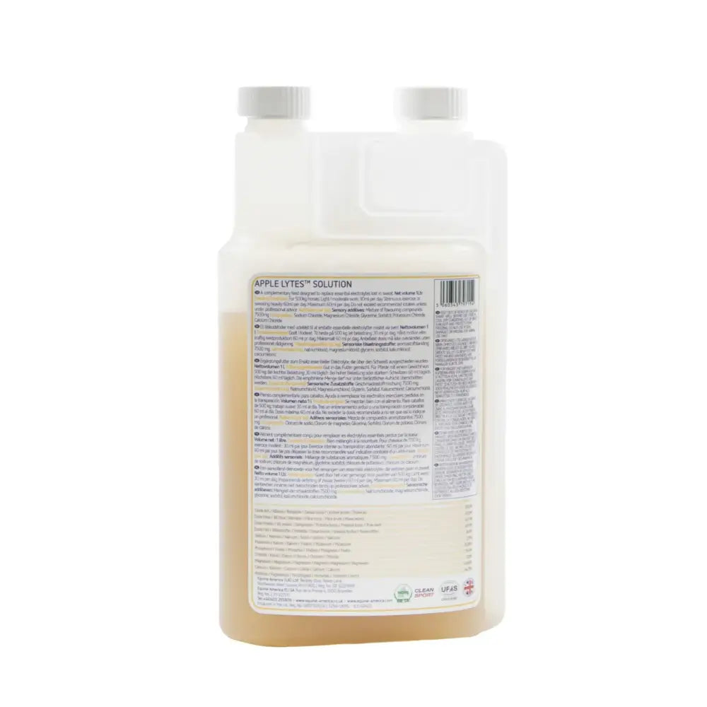 White plastic bottle with gray cap filled with amber liquid labeled apple lytes solution by equine america apple