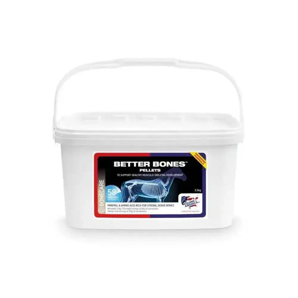 White plastic container with handle of equine america better bones pellets by bonecare for skeletal development with marine algae