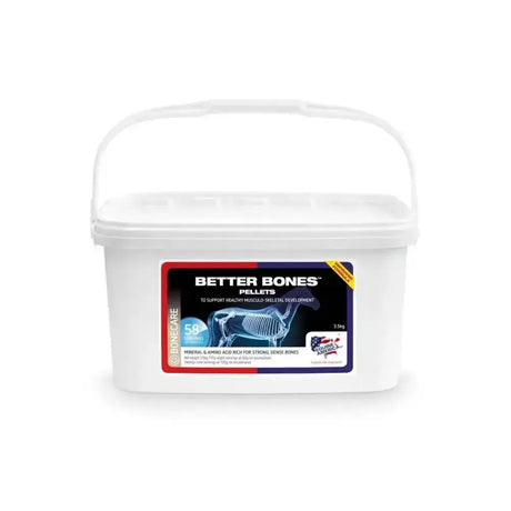 White plastic container with handle of equine america better bones pellets by bonecare for skeletal development with marine algae
