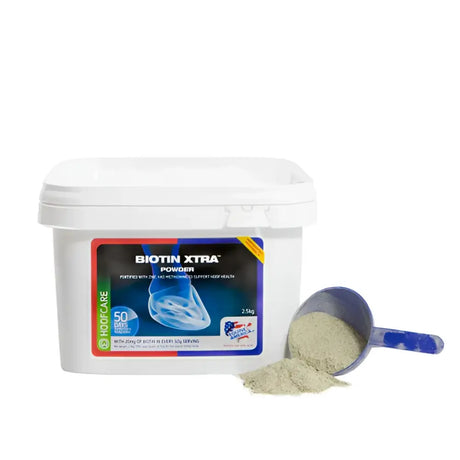 White plastic container of equine america biotin xtra powder with a blue and red label showing a hoof image cost-effective formulation providing nutritional support