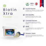 White plastic container of equine america biotin xtra biotin xtra powder with blue and green label cost-effective formulation providing nutritional support