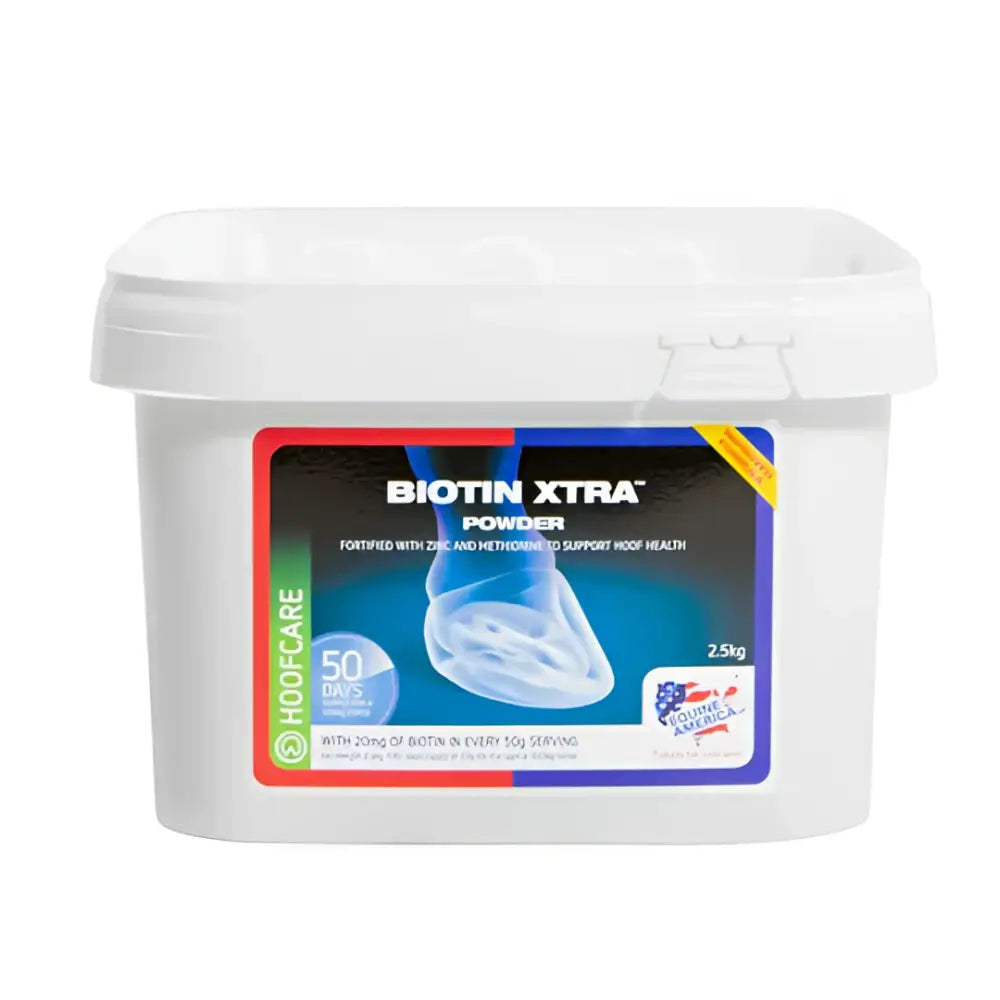 White plastic container of equine america biotin xtra powder with blue and red label showing horse hoof illustration