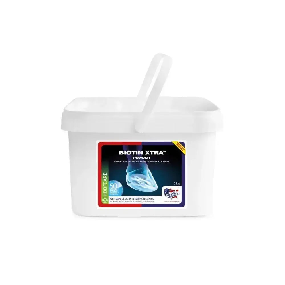 White plastic container with handle labeled biotin xtra powder by hoofcare for equine america biotin xtra cost-effective formulation providing nutritional support