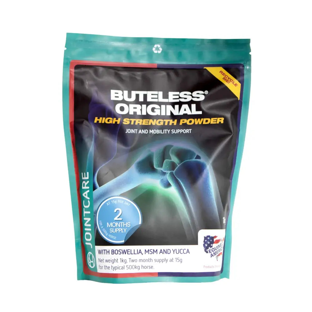 Equine america buteless original strength powder in a teal black pouch with x-ray highlights of horse joints