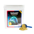 Equine america buteless original strength powder in white resealable container with blue scoop holding light brown powder