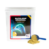 Equine america buteless original strength powder in white resealable container with blue scoop holding light brown powder