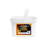 White plastic container with handle labeled buteless super strength powder for joint and muscle support in performance horses