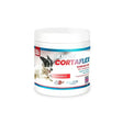 White cylindrical container of equine america canine cortaflex working dog powder with blue red label and black and white dog image