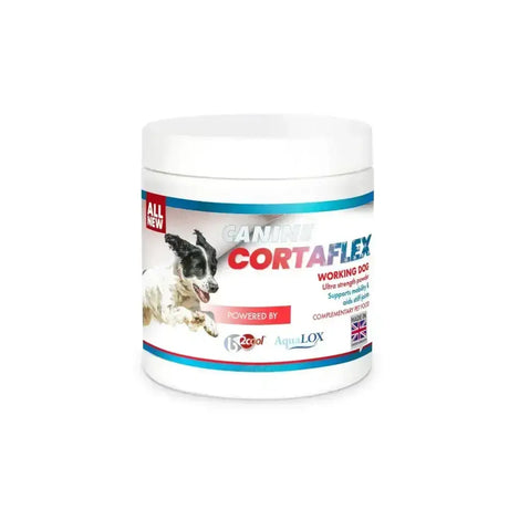White cylindrical container of equine america canine cortaflex working dog powder with blue red label and black and white dog image