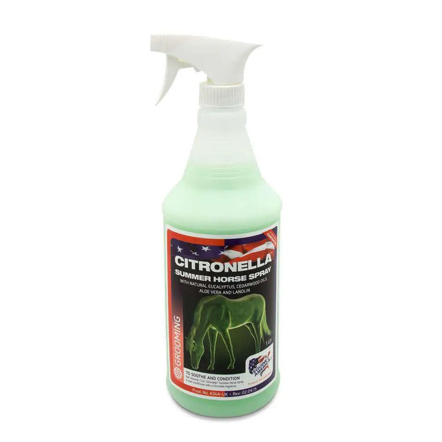 A translucent green equine america citronella horse spray bottle with white trigger and pleasant citronella aroma label