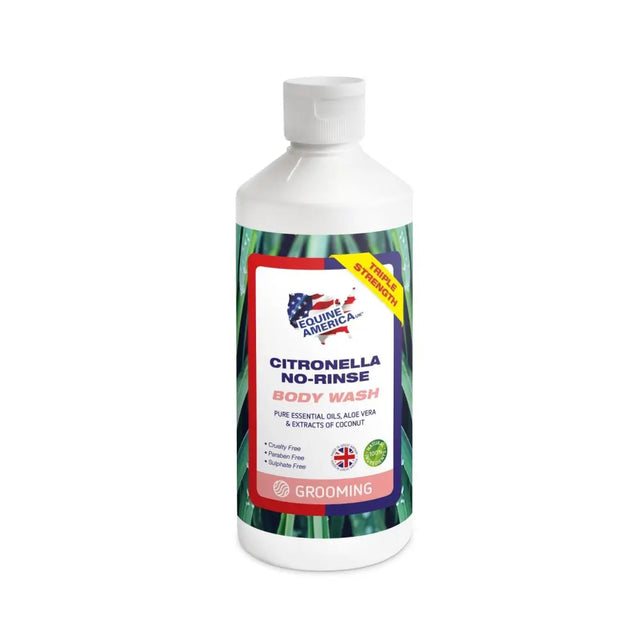 White plastic bottle of equine america citronella no rinse body wash with green red tropical leaf label and pure essential oils