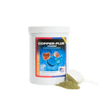 White plastic container of equine america copper plus powder with greenish glycine hydrate spilled beside it