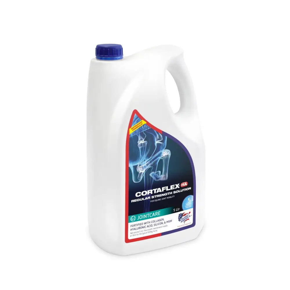 White plastic jug with blue cap and joint label for equine america cortaflex ha regular hyaluronic acid solution