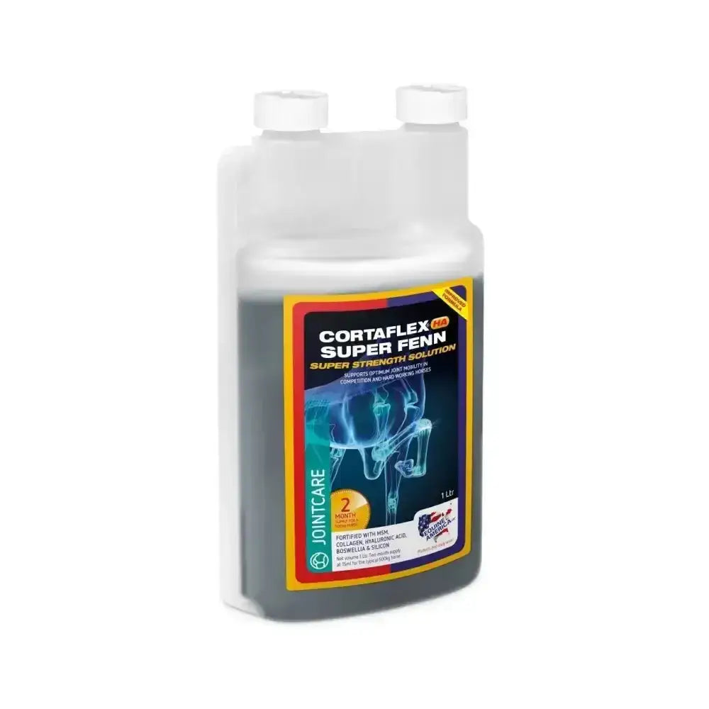 Equine america cortaflex super strength solution with super fenn in clear bottle with white cap and dark gray liquid inside