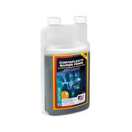 Equine america cortaflex super strength solution with super fenn in clear bottle with white cap and dark gray liquid inside