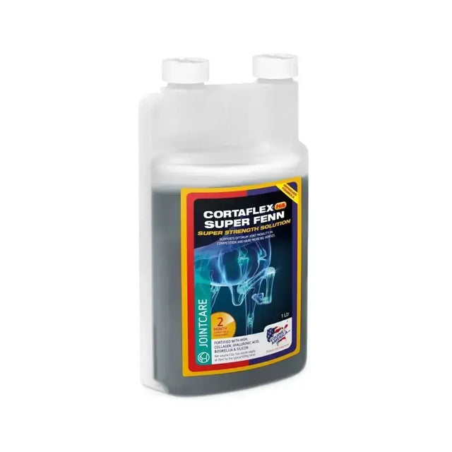 Equine america cortaflex super strength solution with super fenn in clear bottle with white cap and dark gray liquid inside