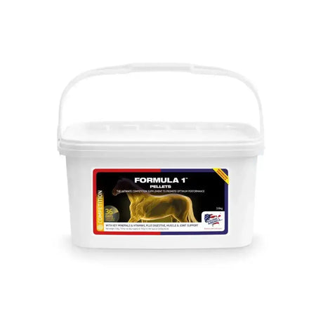 White plastic bucket with handle labeled formula 1 pellets from equine america formula with key amino acids and hyaluronic acid