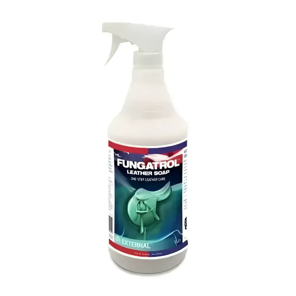 White spray bottle of equine america fungatrol leather soap with a saddle illustration for one-step leather care