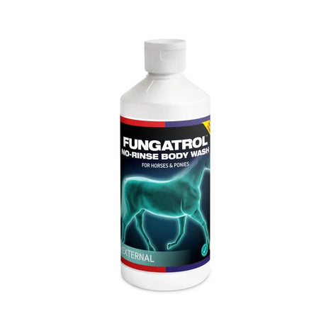 White plastic bottle of equine america fungatrol no-rinse body wash with teal horse silhouette for horses and ponies