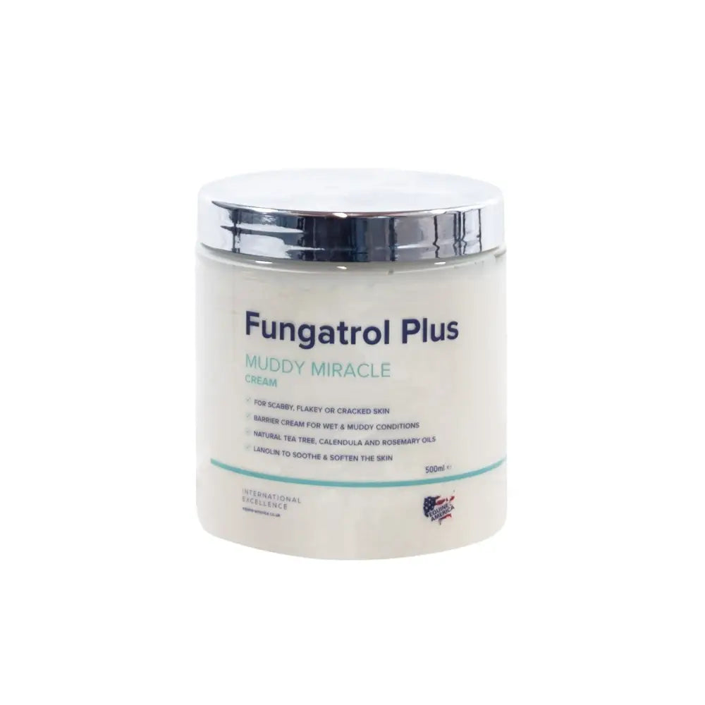Creamy white equine america fungatrol plus fungatrol cream in a clear jar with a shiny silver lid for horses