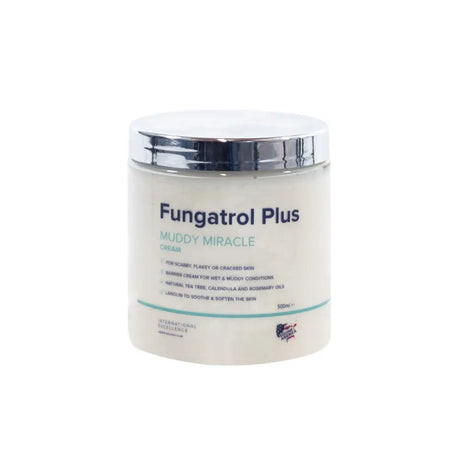 Creamy white equine america fungatrol plus fungatrol cream in a clear jar with a shiny silver lid for horses