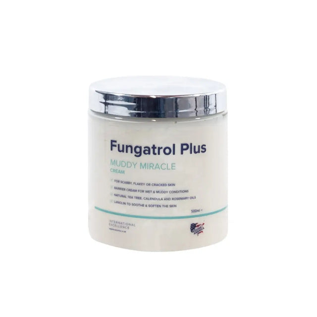 Creamy white equine america fungatrol plus fungatrol cream in a clear jar with a shiny silver lid for horses