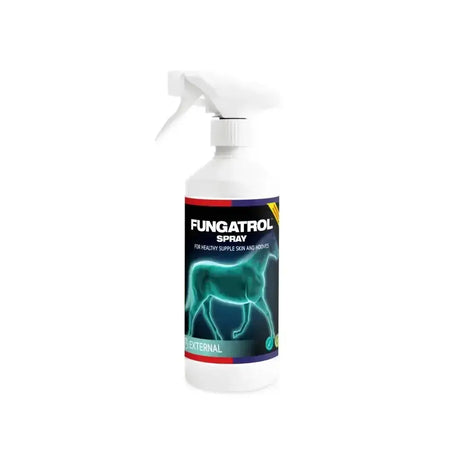 White plastic equine america fungatrol spray bottle with black red blue label and teal glowing horse silhouette