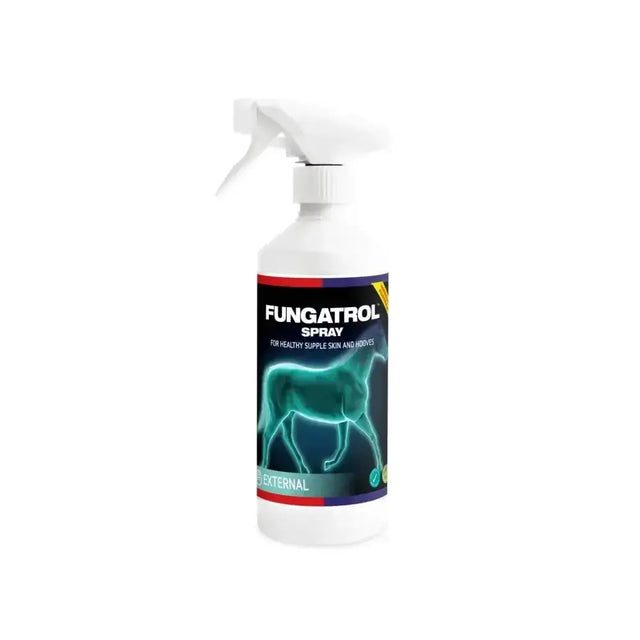 White plastic equine america fungatrol spray bottle with black red blue label and teal glowing horse silhouette