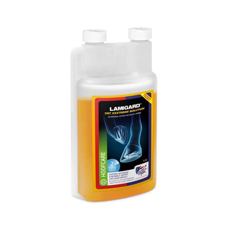 A white plastic bottle with golden orange lamigard trt xxxtreme solution by equine america hoofcare displayed