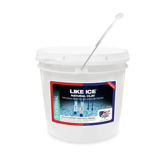 White plastic bucket with handle of Equine America like ice natural clay for leg care of horses knees fetlocks hocks and tendons
